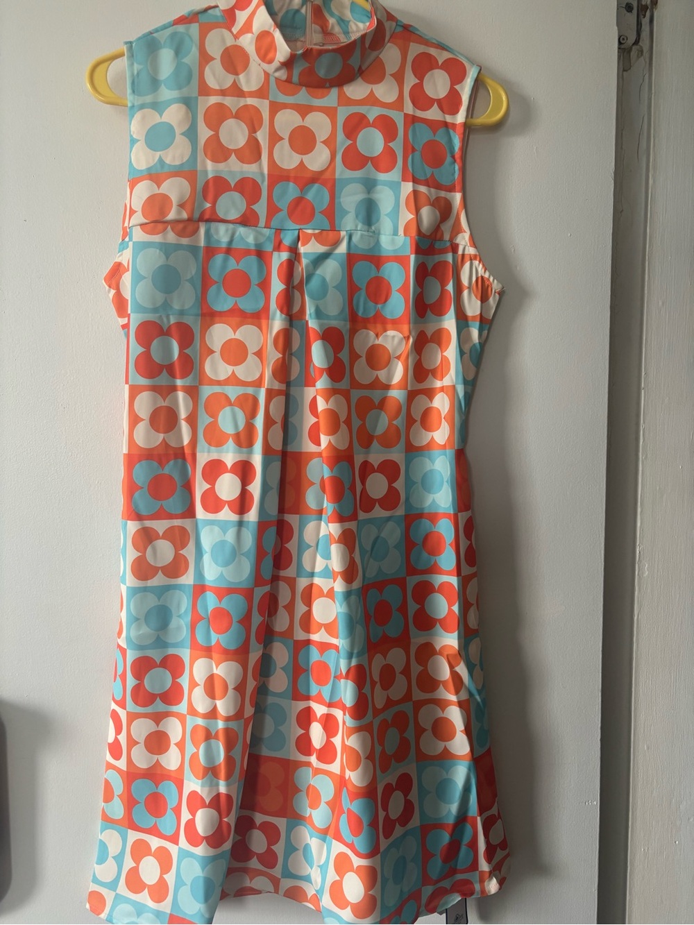 Kids Sleeveless Floral Checker Dress in Coral and Aqua